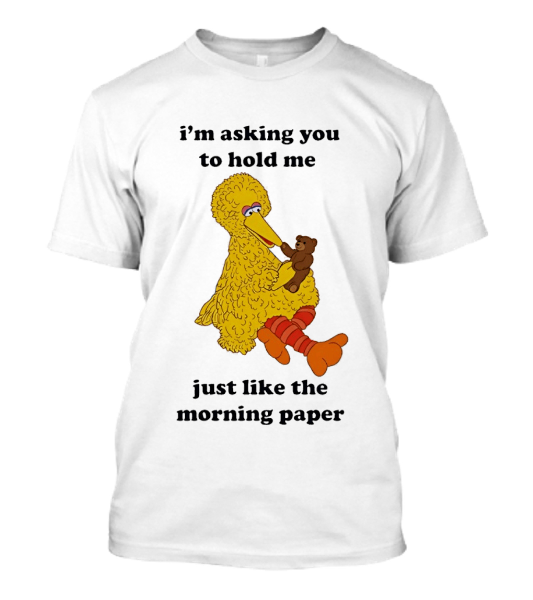 I'm Asking You To Hold Me Just Like The Morning Paper Cartoon Big Bird Holding Teddy Bear T-Shirt