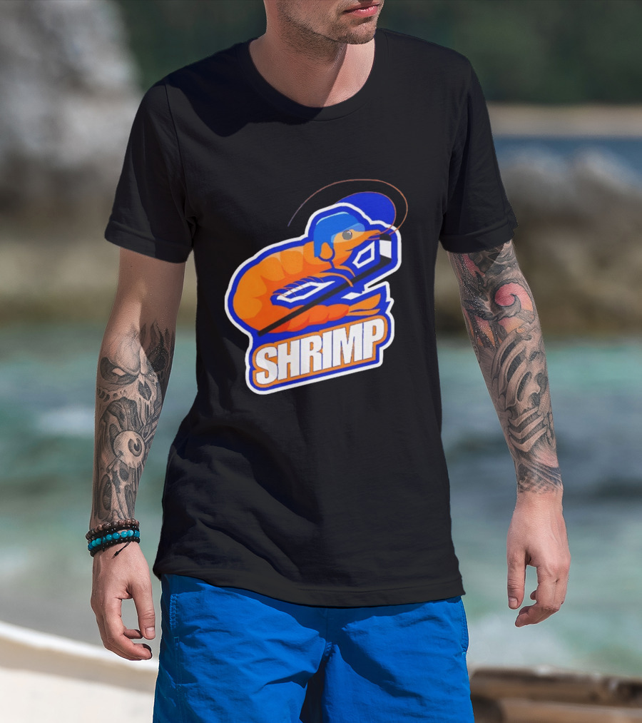 San Jose Shrimp Hockey Team Logo With Hockey Stick And Helmet T-Shirt