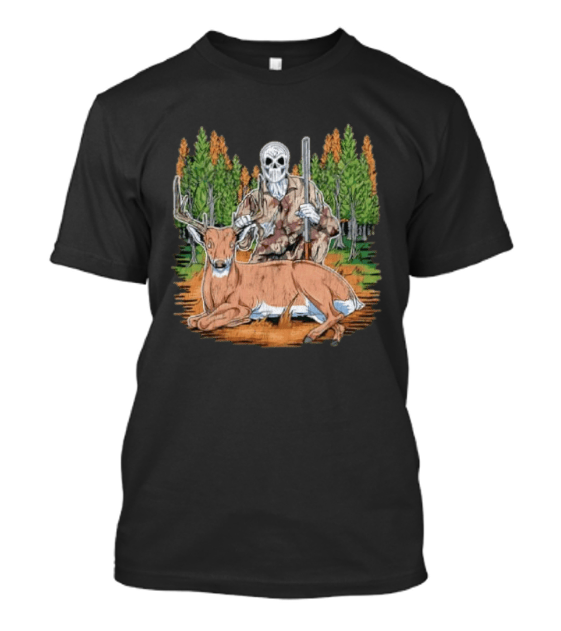 Skeleton Deer Hunting Skull Mask Camouflage Forest Scene T-Shirt