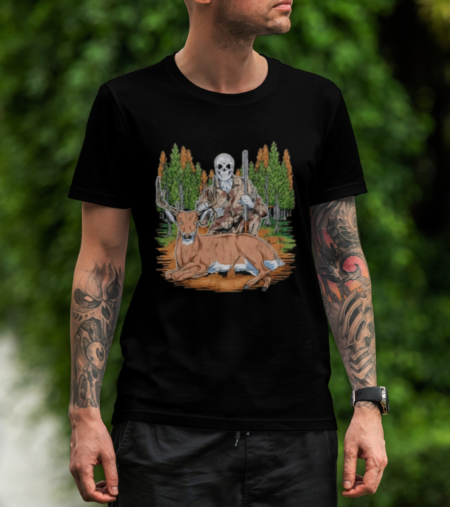 Skeleton Deer Hunting Skull Mask Camouflage Forest Scene T-Shirt
