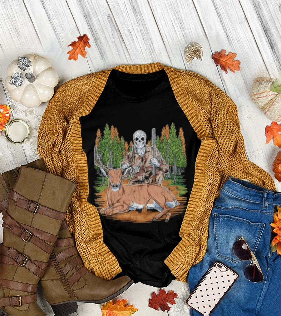 Skeleton Deer Hunting Skull Mask Camouflage Forest Scene T-Shirt