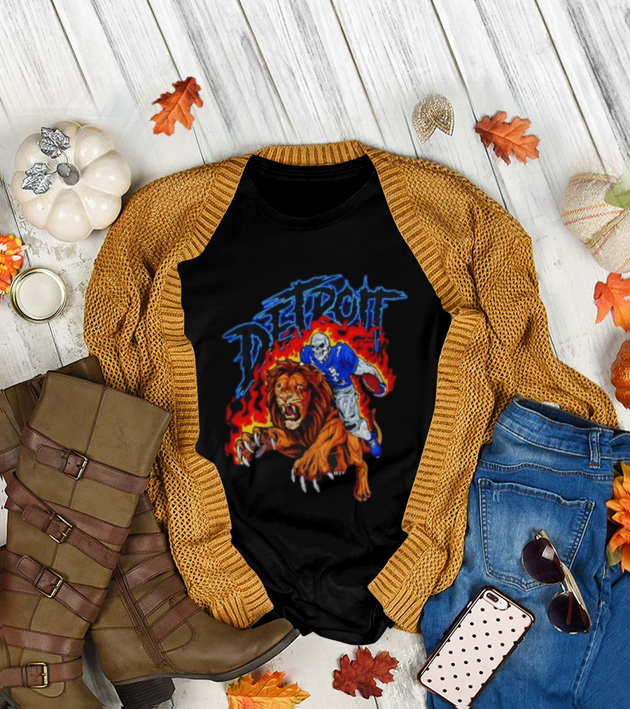 Detroit Skeleton Football Player Lion Fire Fusion T-Shirt