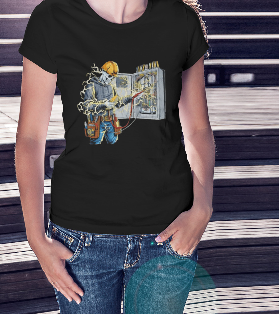 Skeleton Electrician Hard Hat Voltage Sparks T-Shirt