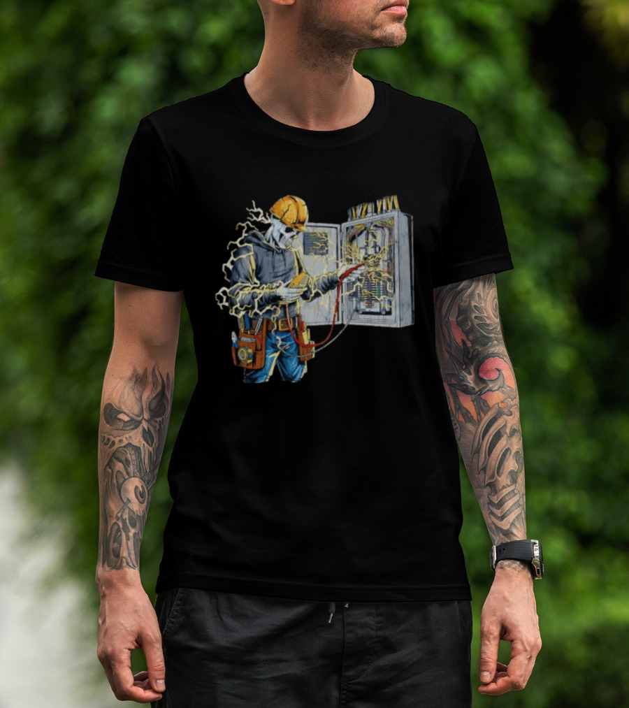 Skeleton Electrician Hard Hat Voltage Sparks T-Shirt