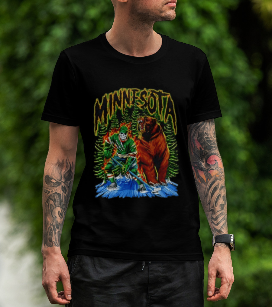 Minnesota Wild Hockey Skeleton Bear Forest Fire T-Shirt