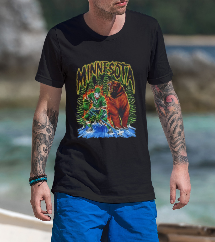 Minnesota Wild Hockey Skeleton Bear Forest Fire T-Shirt
