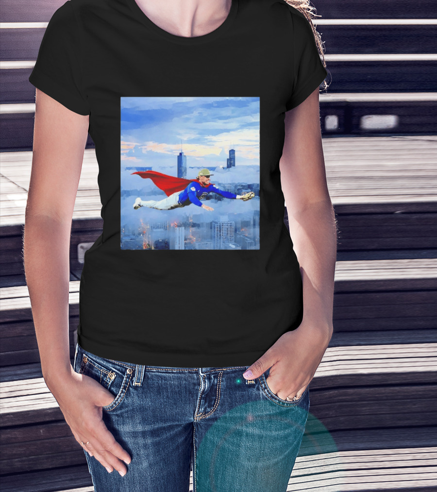 Superman Nico Hoerner Chicago Cubs Second Baseman Flying Over City Skyline T-Shirt