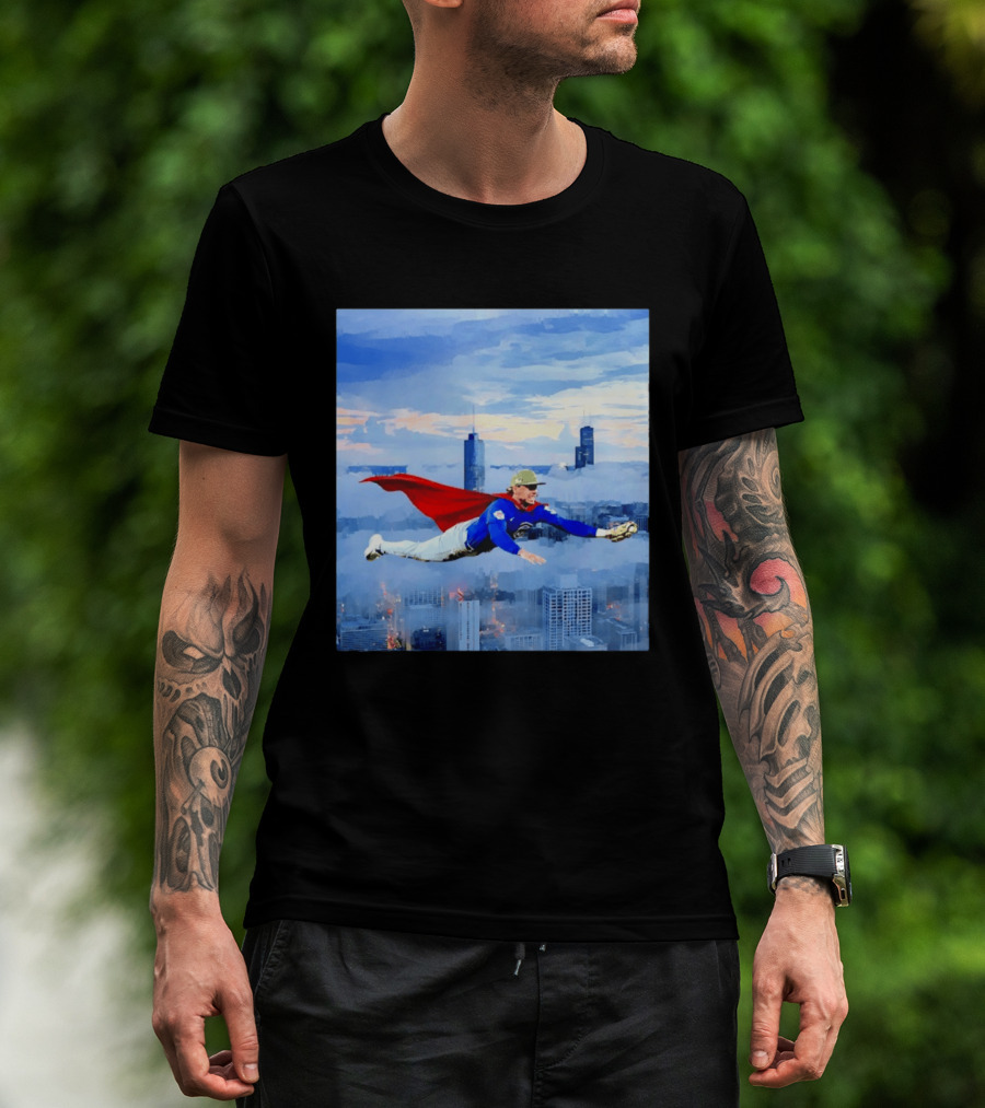 Superman Nico Hoerner Chicago Cubs Second Baseman Flying Over City Skyline T-Shirt