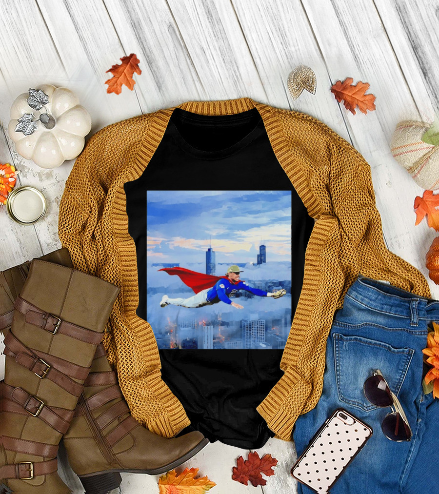 Superman Nico Hoerner Chicago Cubs Second Baseman Flying Over City Skyline T-Shirt