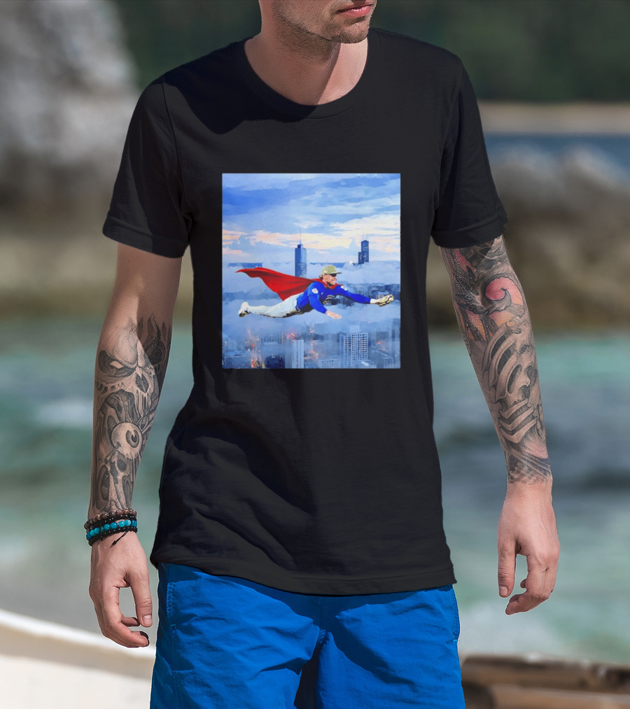 Superman Nico Hoerner Chicago Cubs Second Baseman Flying Over City Skyline T-Shirt