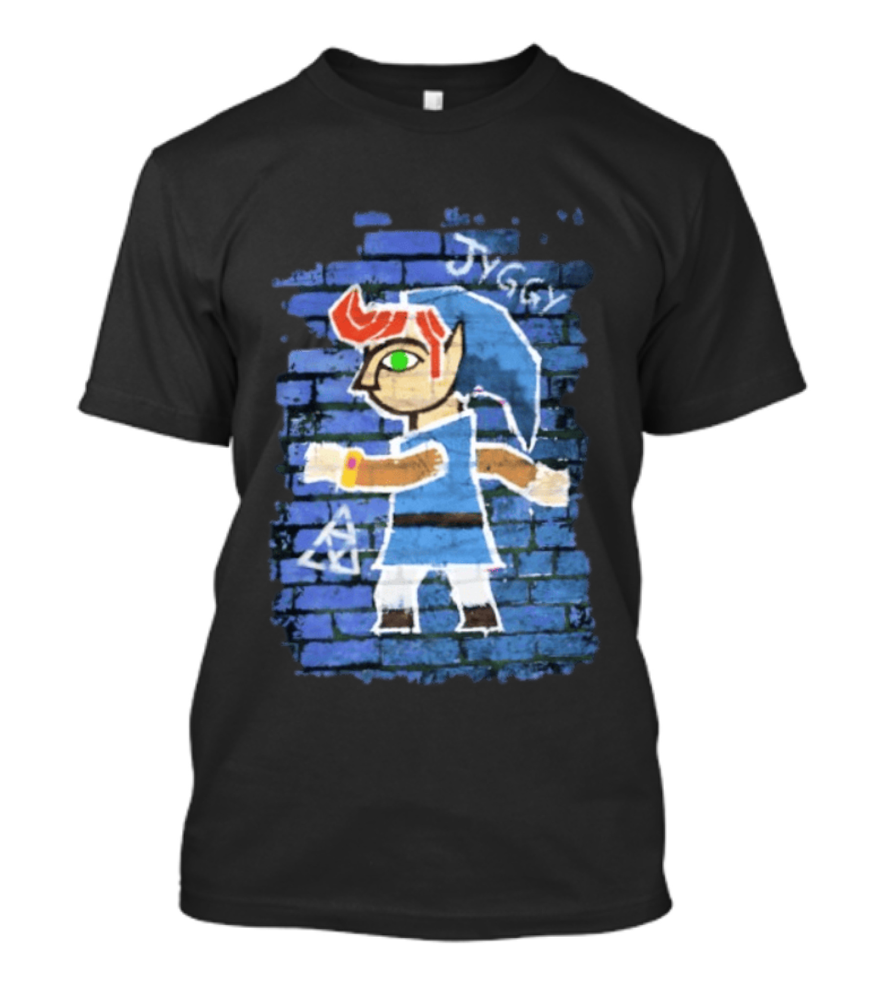 Jyggy ALBJ Character With Triforce On Blue Brick T-Shirt