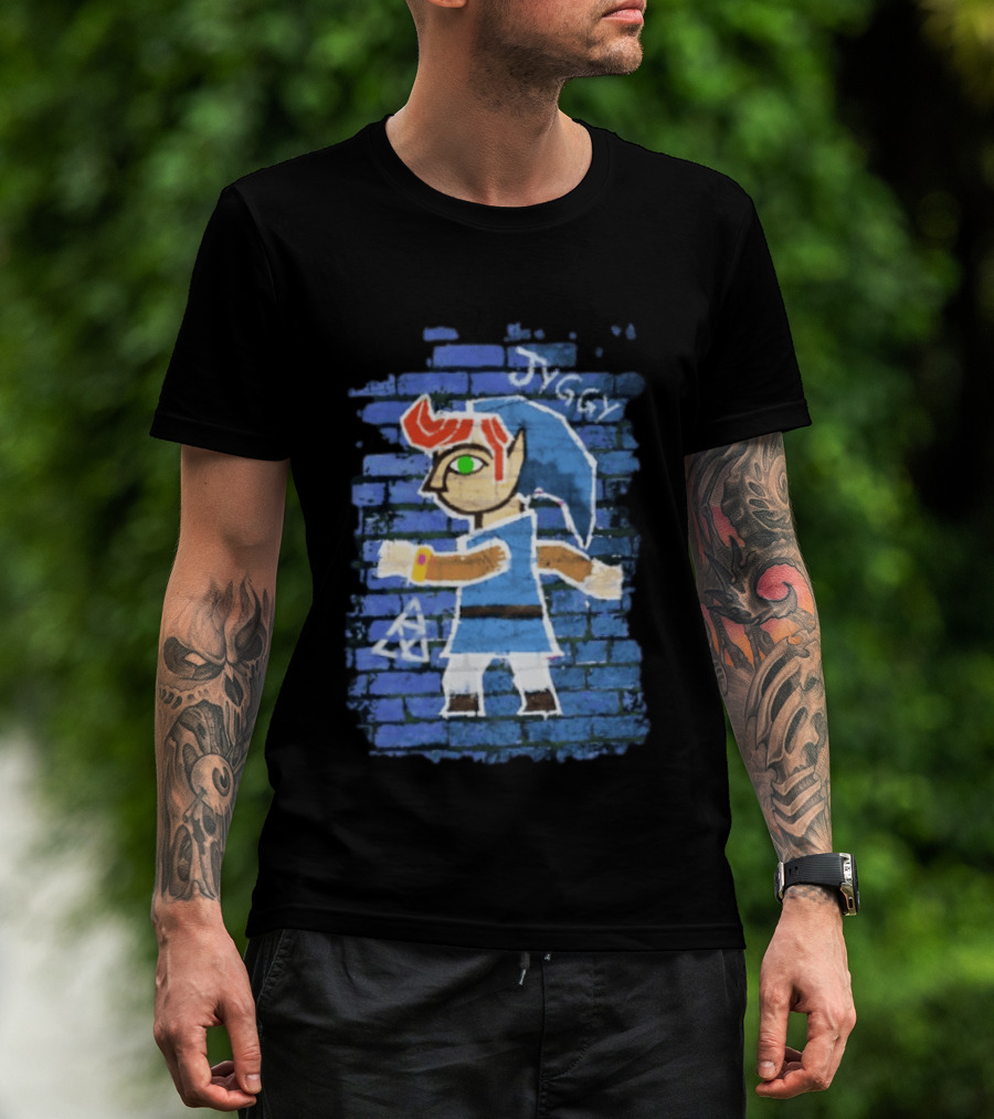 Jyggy ALBJ Character With Triforce On Blue Brick T-Shirt