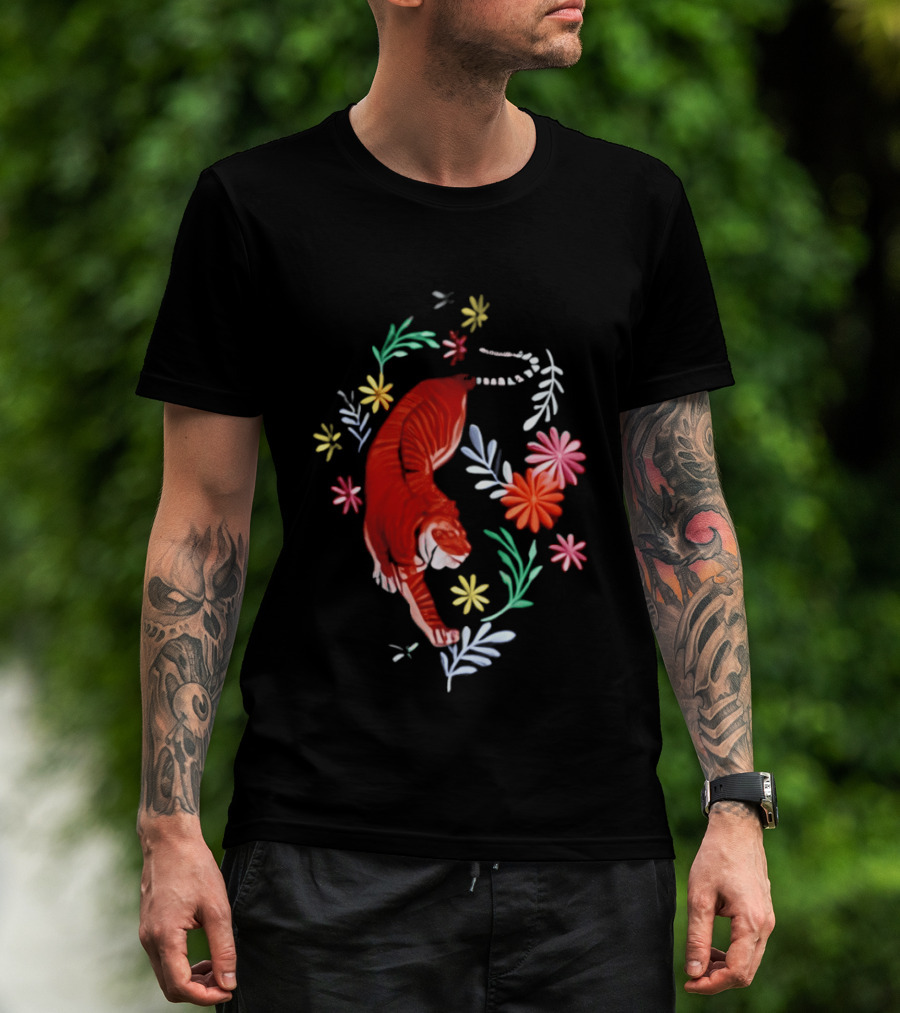 Todd Herzog Bengal Tiger Floral Motif With Vibrant Blooming Flowers T-Shirt