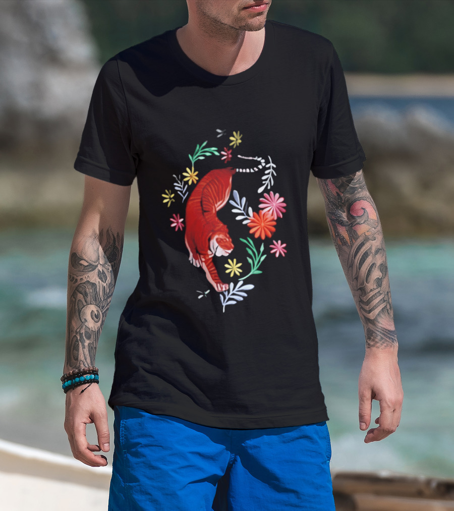 Todd Herzog Bengal Tiger Floral Motif With Vibrant Blooming Flowers T-Shirt