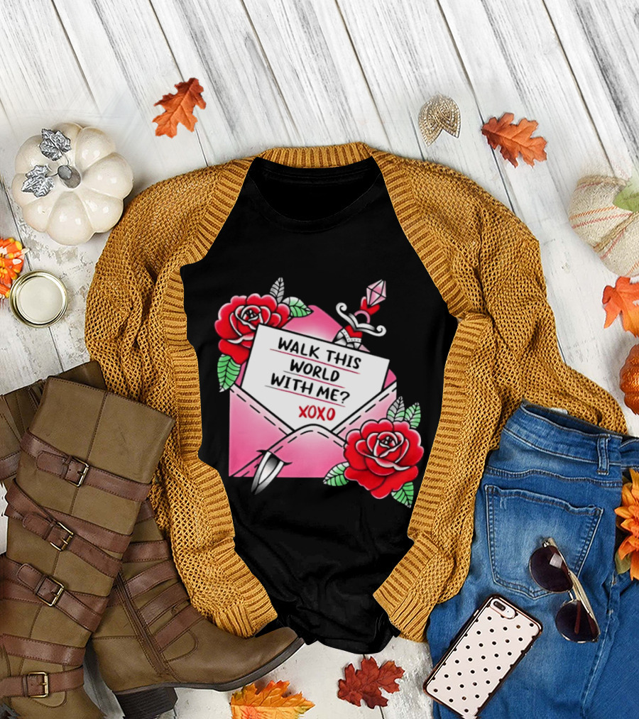 Walk This World With Me XOXO Romantic Tattoo Roses and Letter Envelope T-Shirt