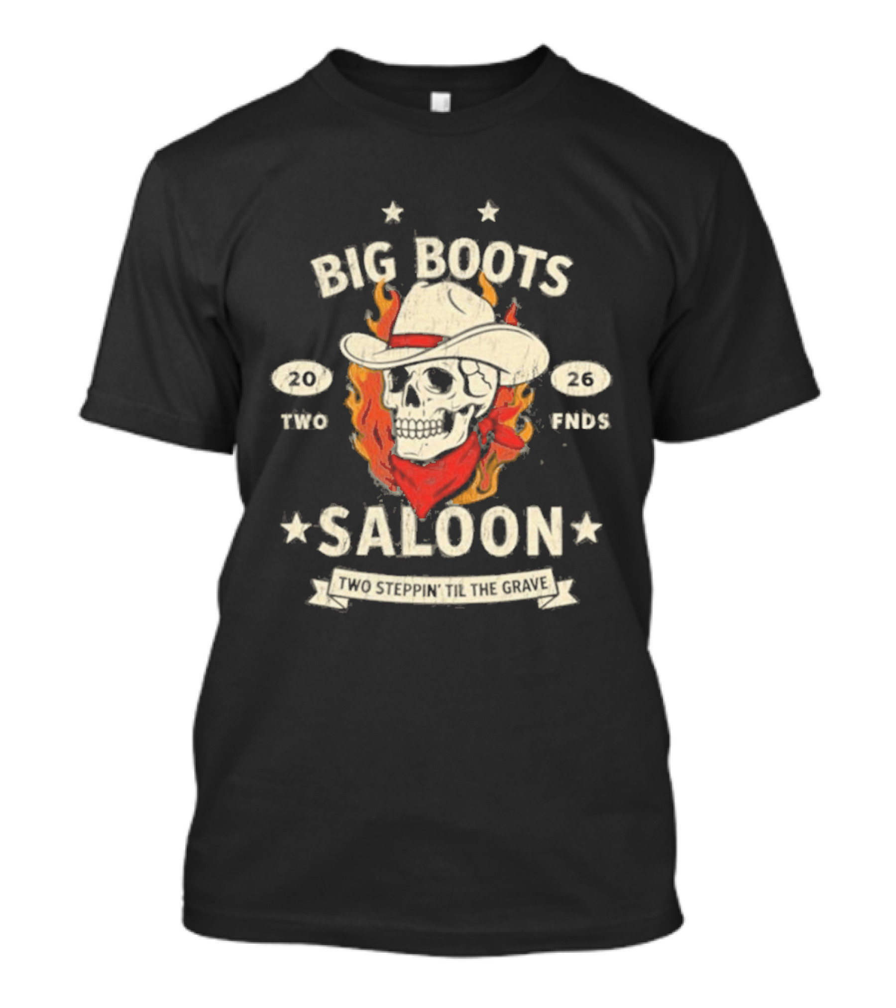 Big Boots Saloon Two Friends Cowboy Skull Flames Vintage 2018 T-Shirt
