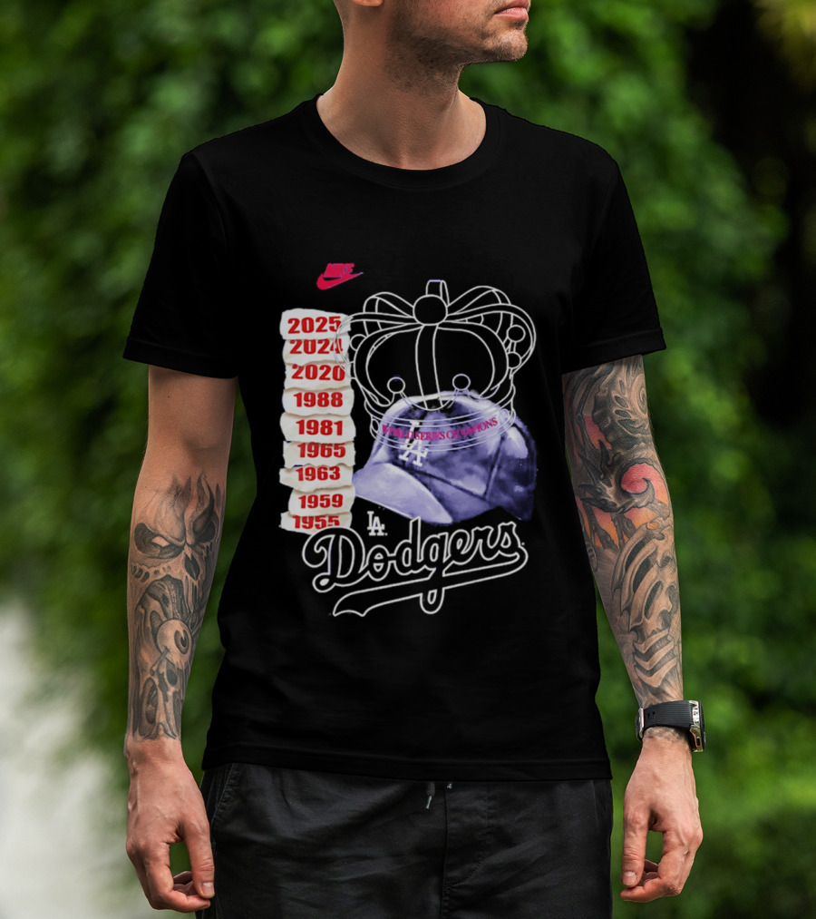 Los Angeles Dodgers 9x World Series Champions Crown And Cap 1955 2025 T-Shirt