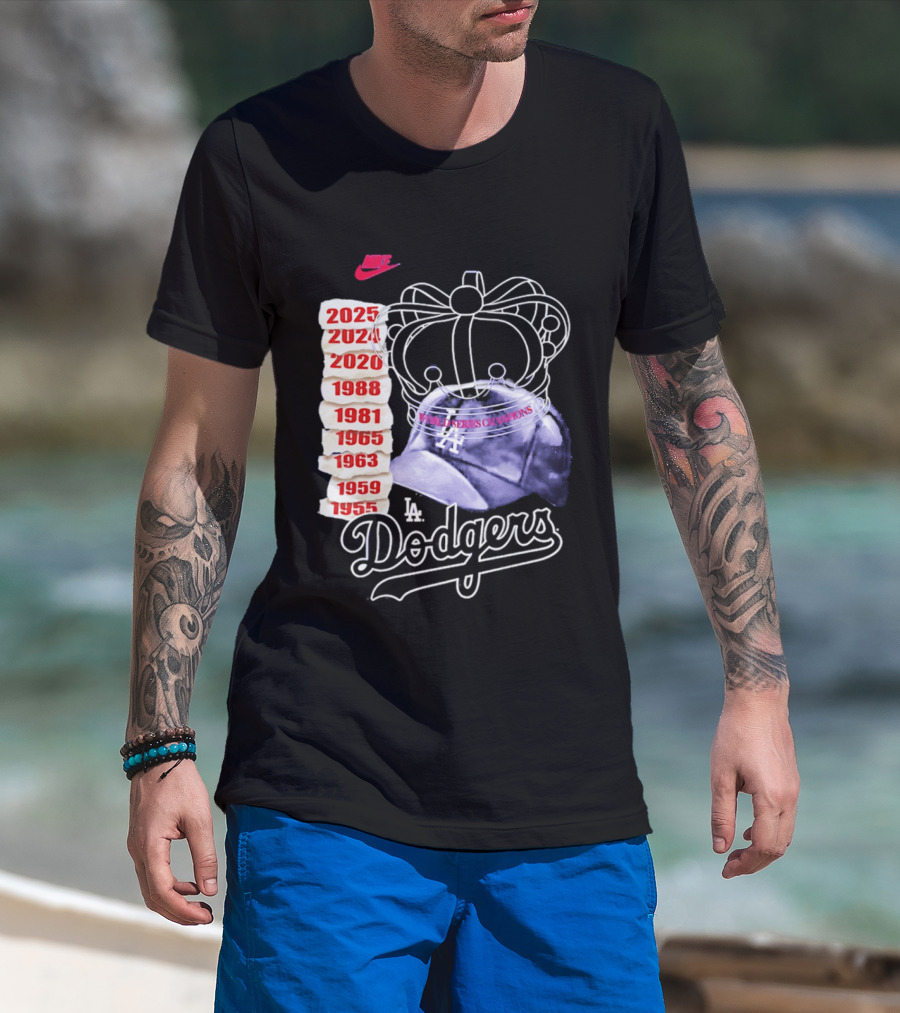 Los Angeles Dodgers 9x World Series Champions Crown And Cap 1955 2025 T-Shirt