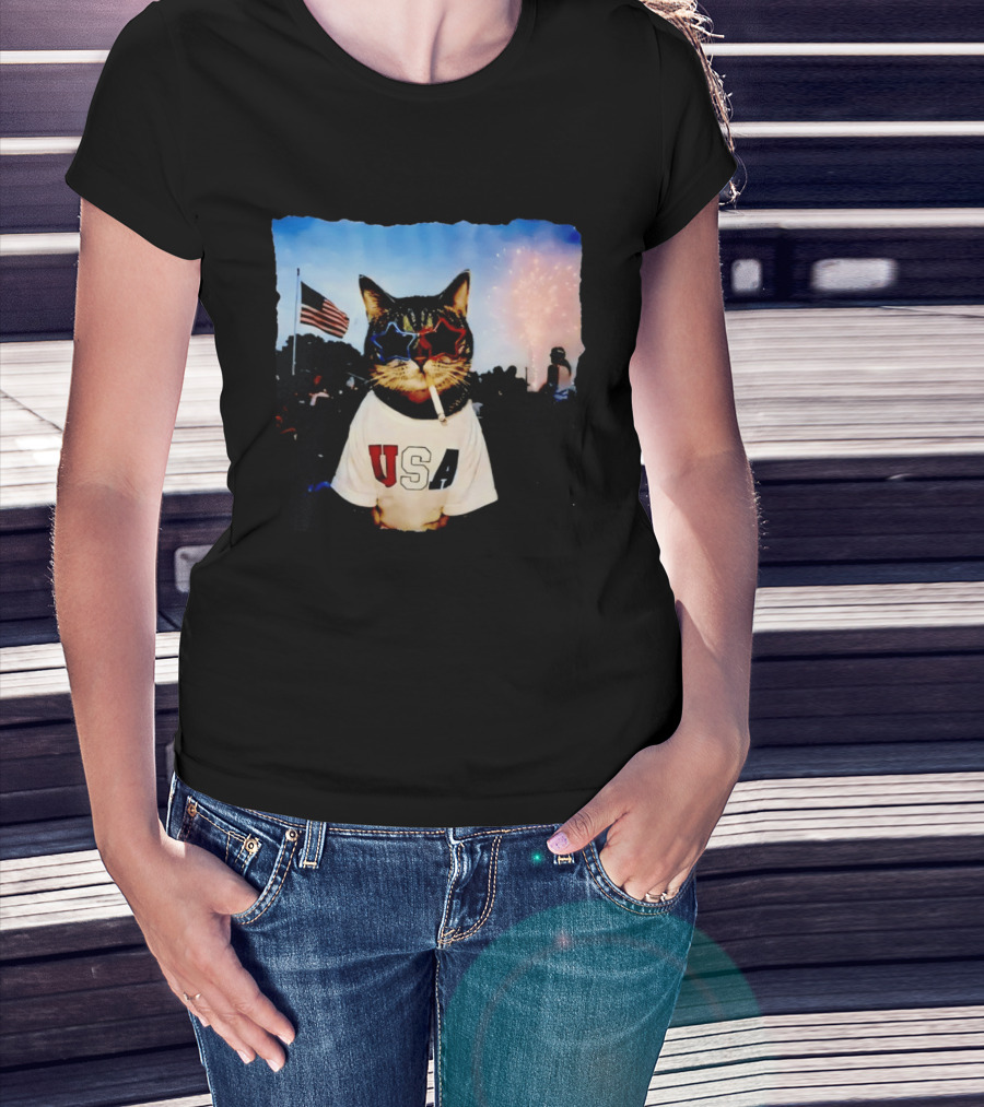 USA Cat With American Flag Sunglasses Smoking Fireworks T-Shirt