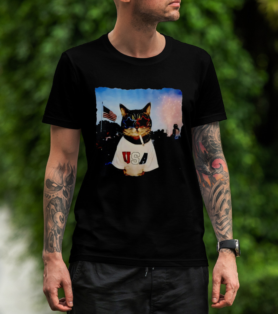 USA Cat With American Flag Sunglasses Smoking Fireworks T-Shirt