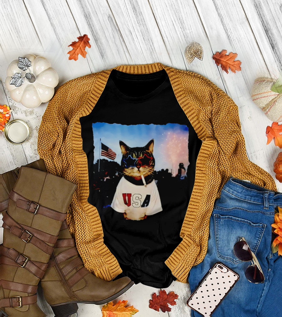 USA Cat with American Flag Sunglasses Smoking Fireworks T-Shirt