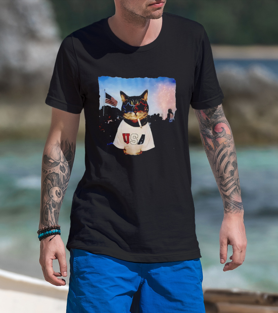 USA Cat With American Flag Sunglasses Smoking Fireworks T-Shirt