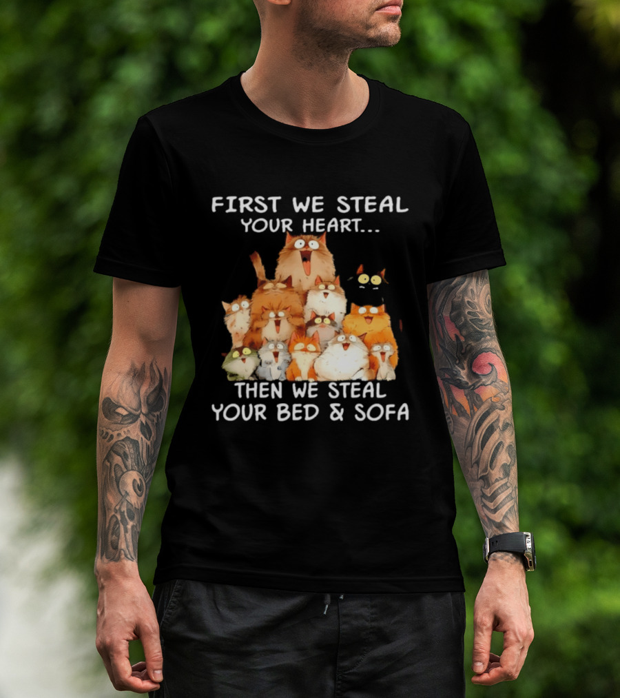 First We Steal Your Heart Then We Steal Your Bed And Sofa Cats Stack T-Shirt