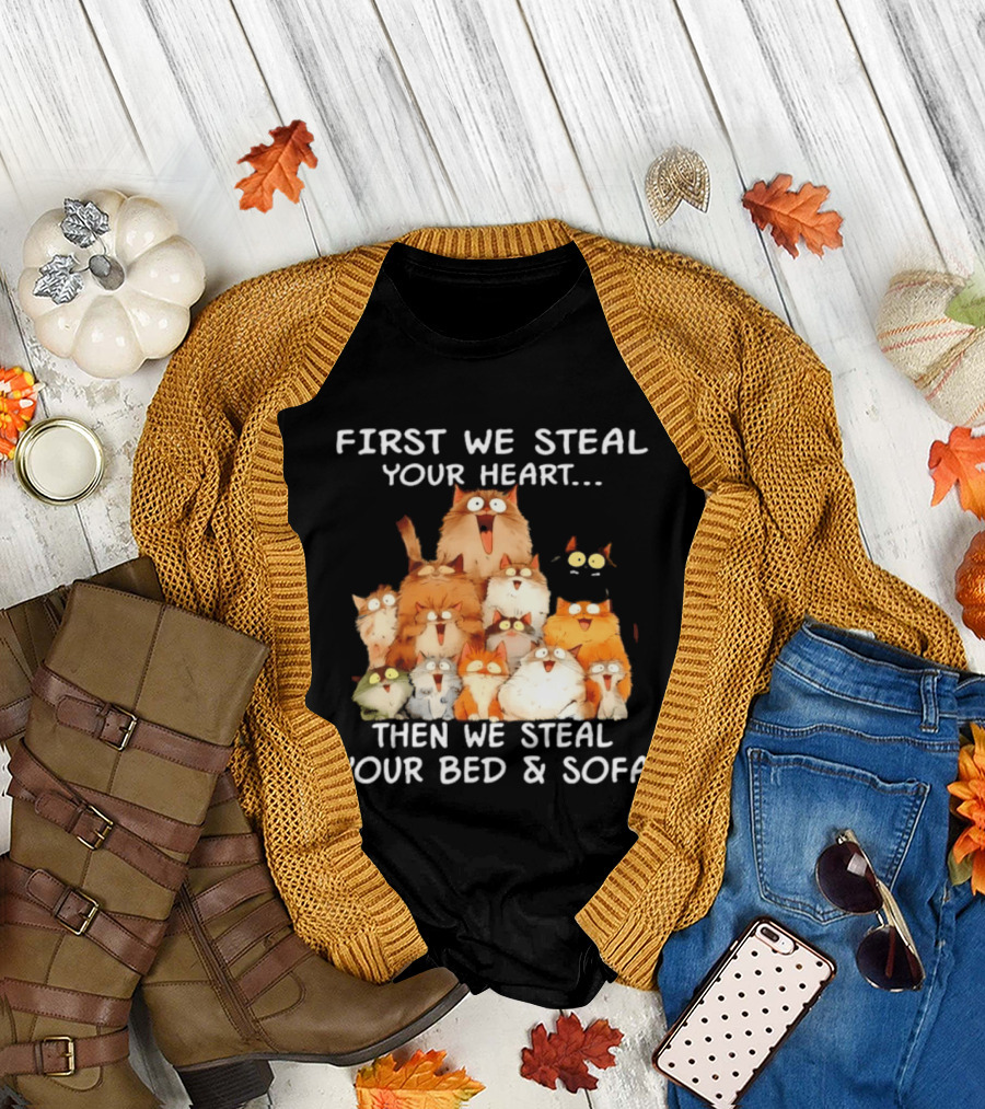 First We Steal Your Heart Then We Steal Your Bed and Sofa Cats Stack T-Shirt