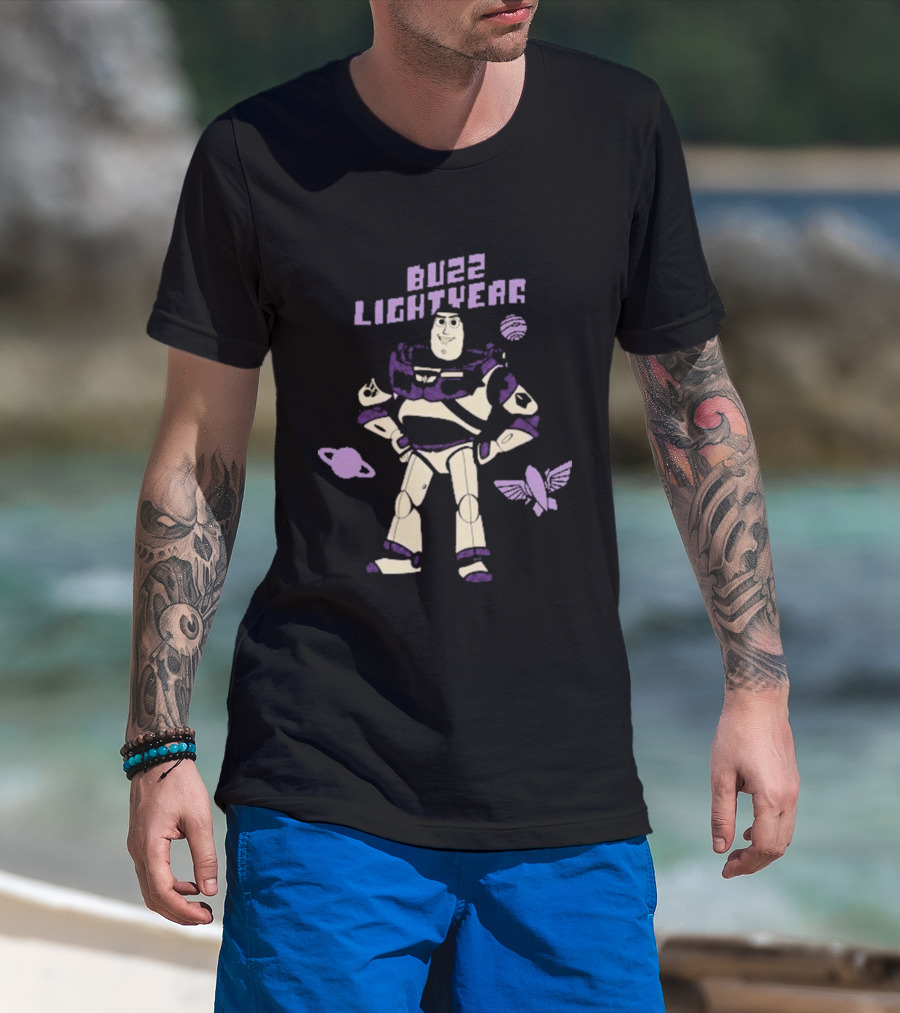 Buzz Lightyear Toy Story 5 Character Illustration With Planets And Rocket Iconography T-Shirt