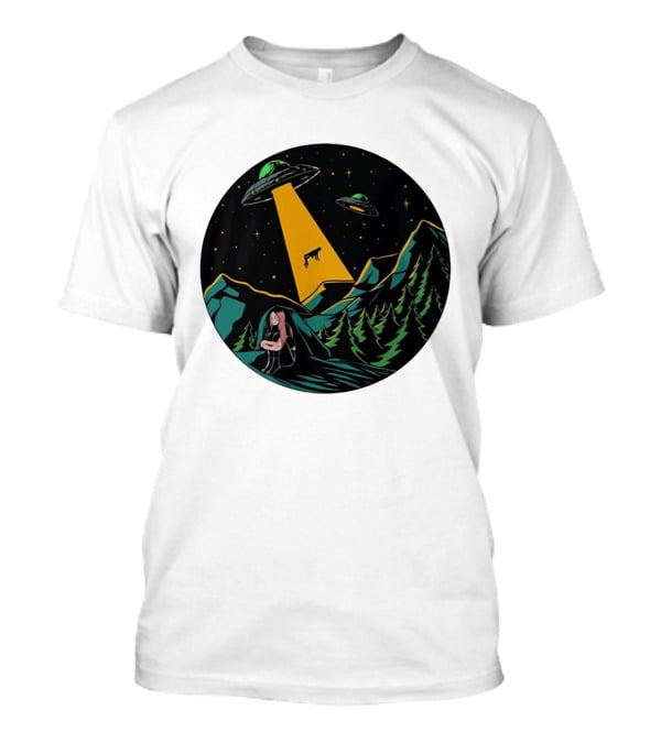 UFOs Aliens Abduction Night Sky Mountains Forest Trees Stars Beam T-Shirt