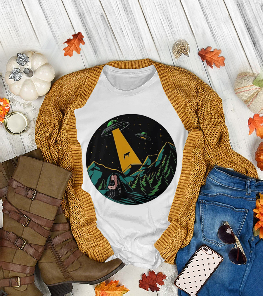 UFOs Aliens Abduction Night Sky Mountains Forest Trees Stars Beam T-Shirt