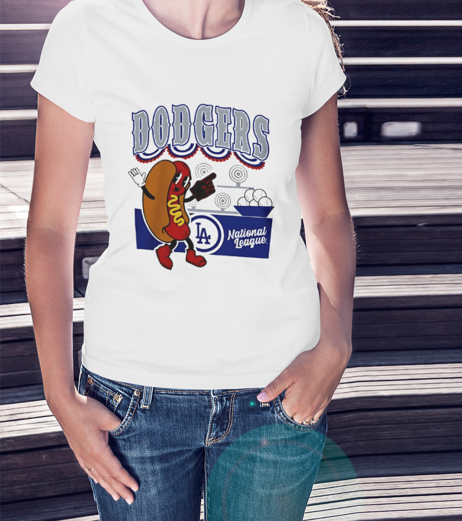 Cartoon Hot Dog Dodgers LA National League Baseball T-Shirt