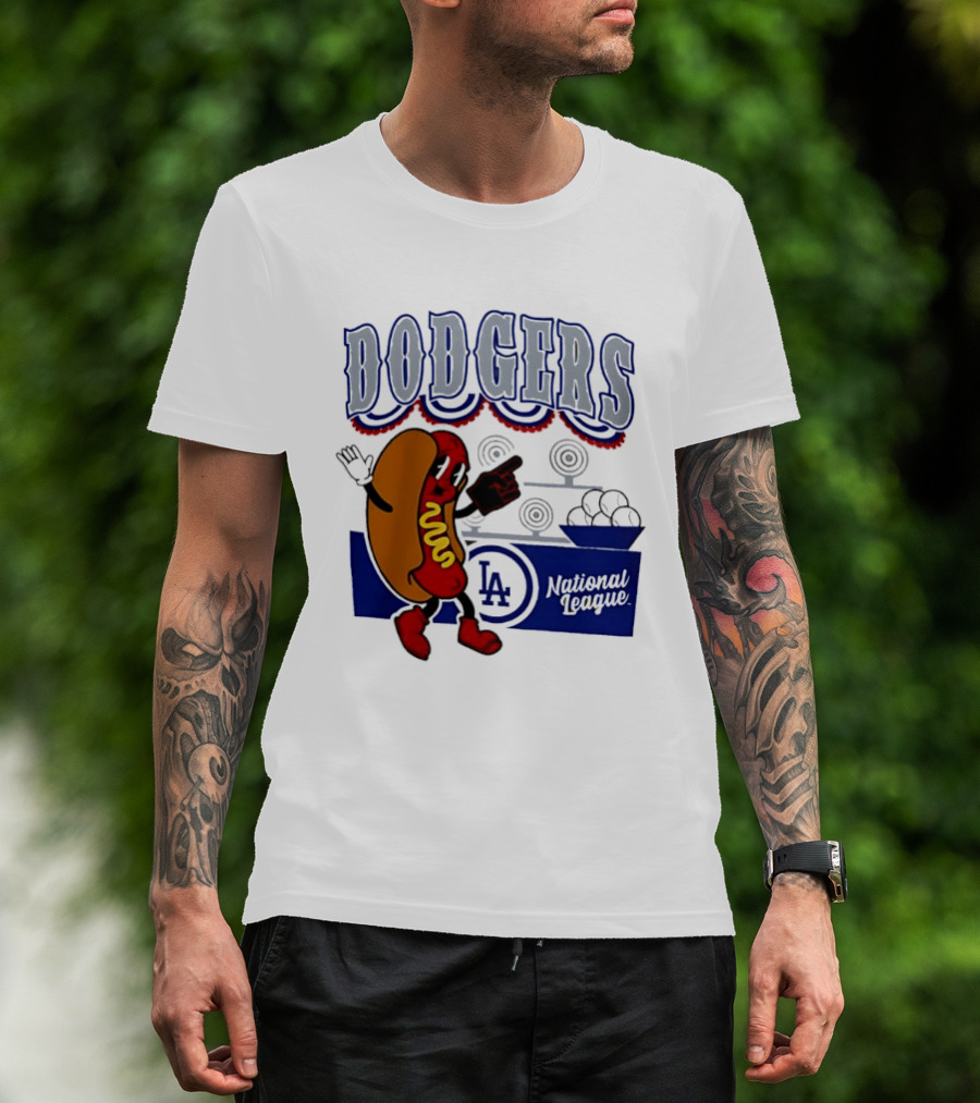 Cartoon Hot Dog Dodgers LA National League Baseball T-Shirt