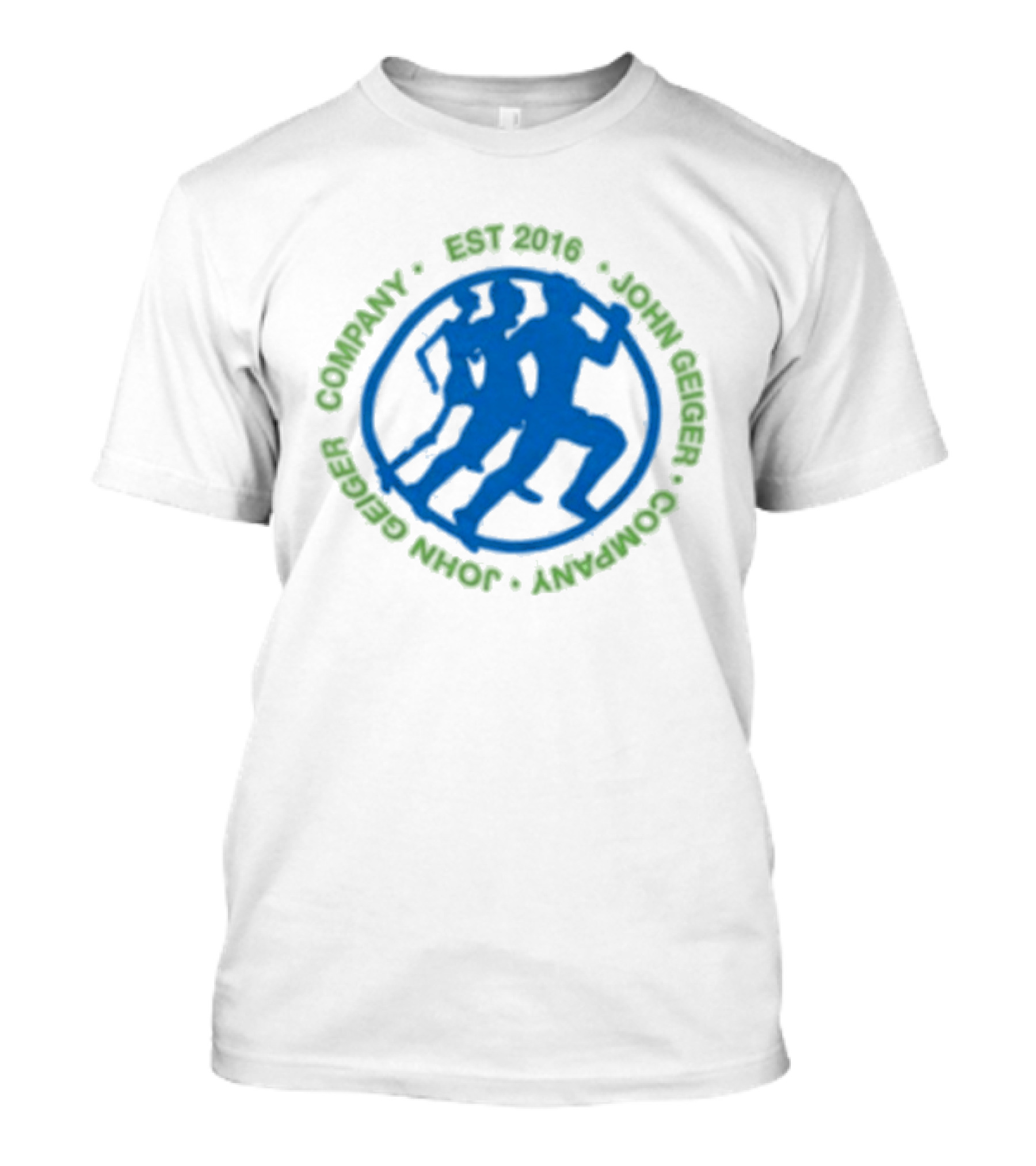 John Geiger Company Est 2016 Blue Running Figures T-Shirt