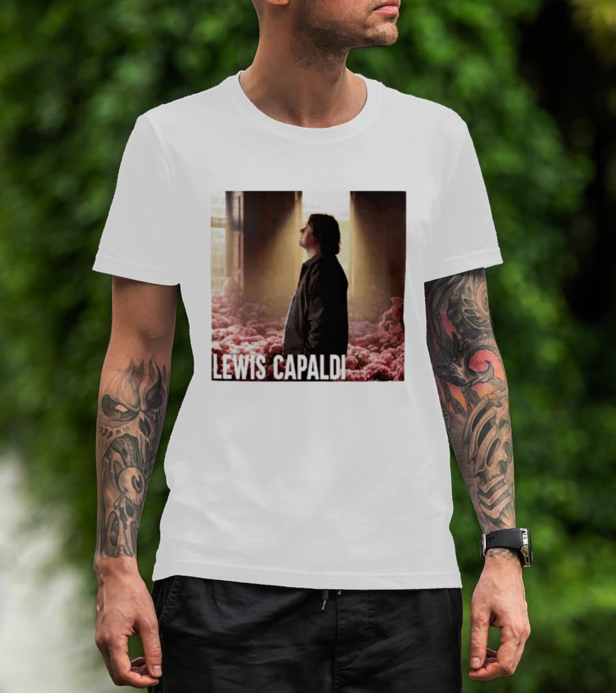 Lewis Capaldi Standing In Floral Scene With Sunlight In Concert Photo T-Shirt