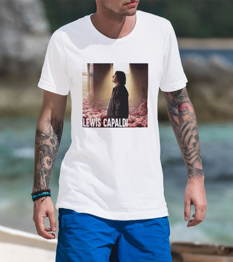 Lewis Capaldi Standing In Floral Scene With Sunlight In Concert Photo T-Shirt