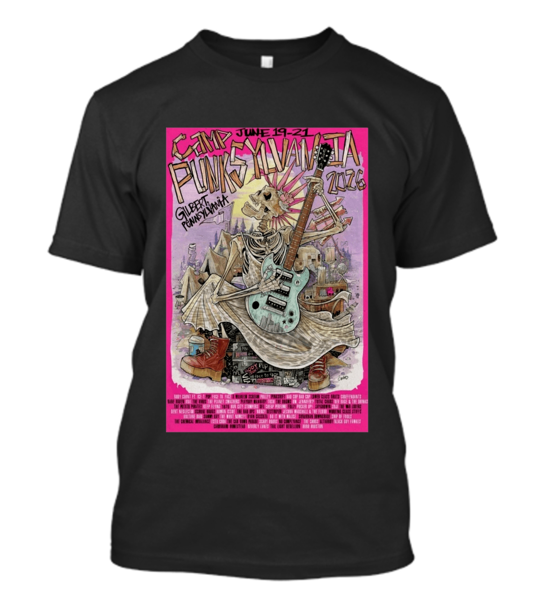 Camp Punksylvania Gilbert Pennsylvania June 19 21 2026 Skeleton Guitar T-Shirt
