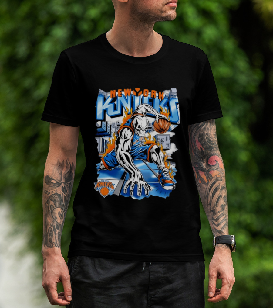 New York Knicks Basketball Urban Street Art Comic Style Flame Warrior T-Shirt