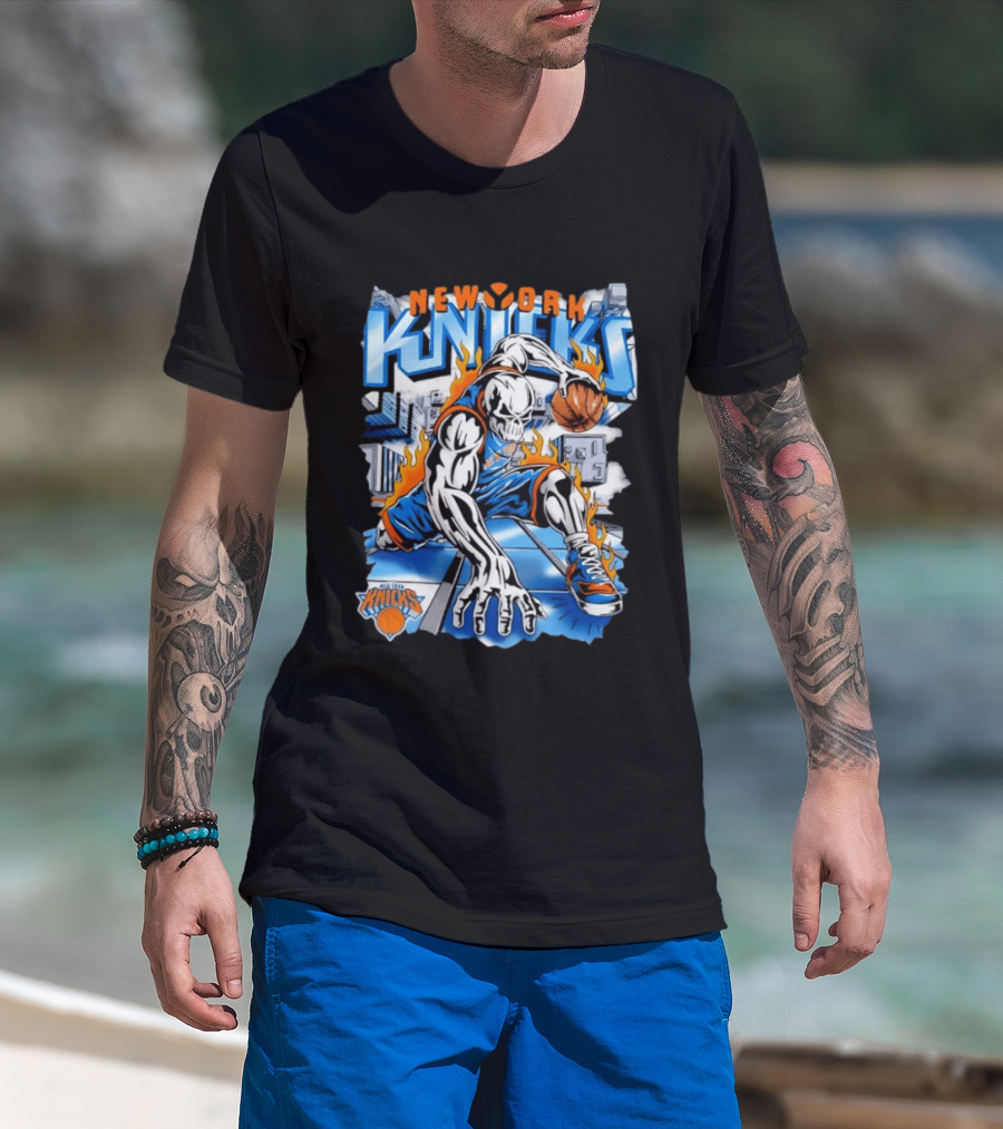 New York Knicks Basketball Urban Street Art Comic Style Flame Warrior T-Shirt