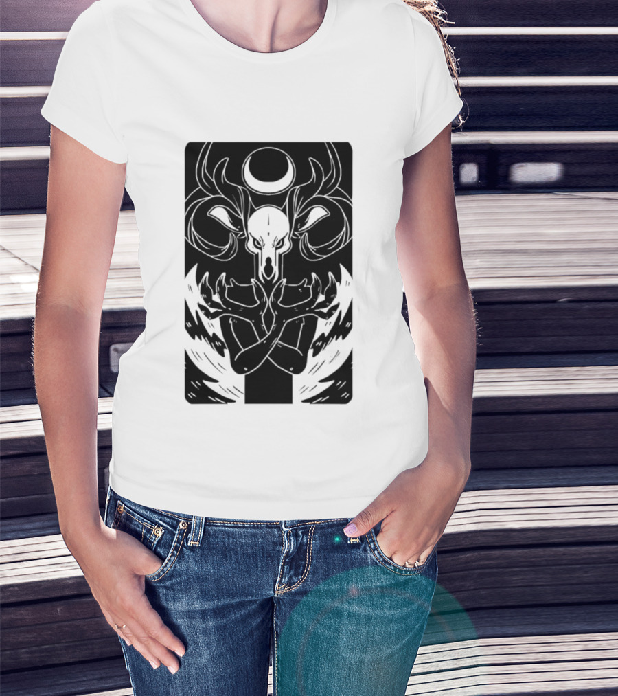 Deer Skull Antlers Crescent Moon Spirit Hands Rays Ritual Mystical Symbolism T-Shirt