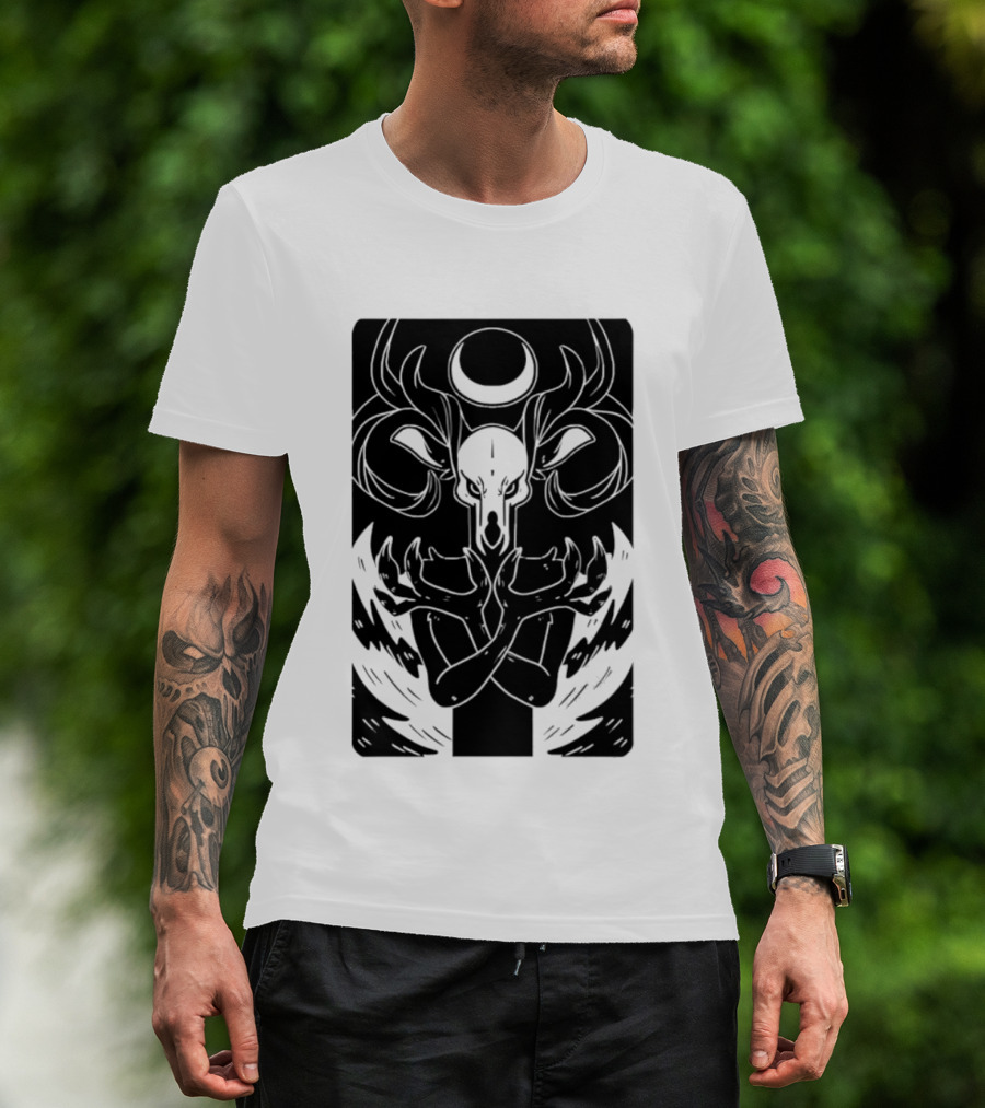 Deer Skull Antlers Crescent Moon Spirit Hands Rays Ritual Mystical Symbolism T-Shirt
