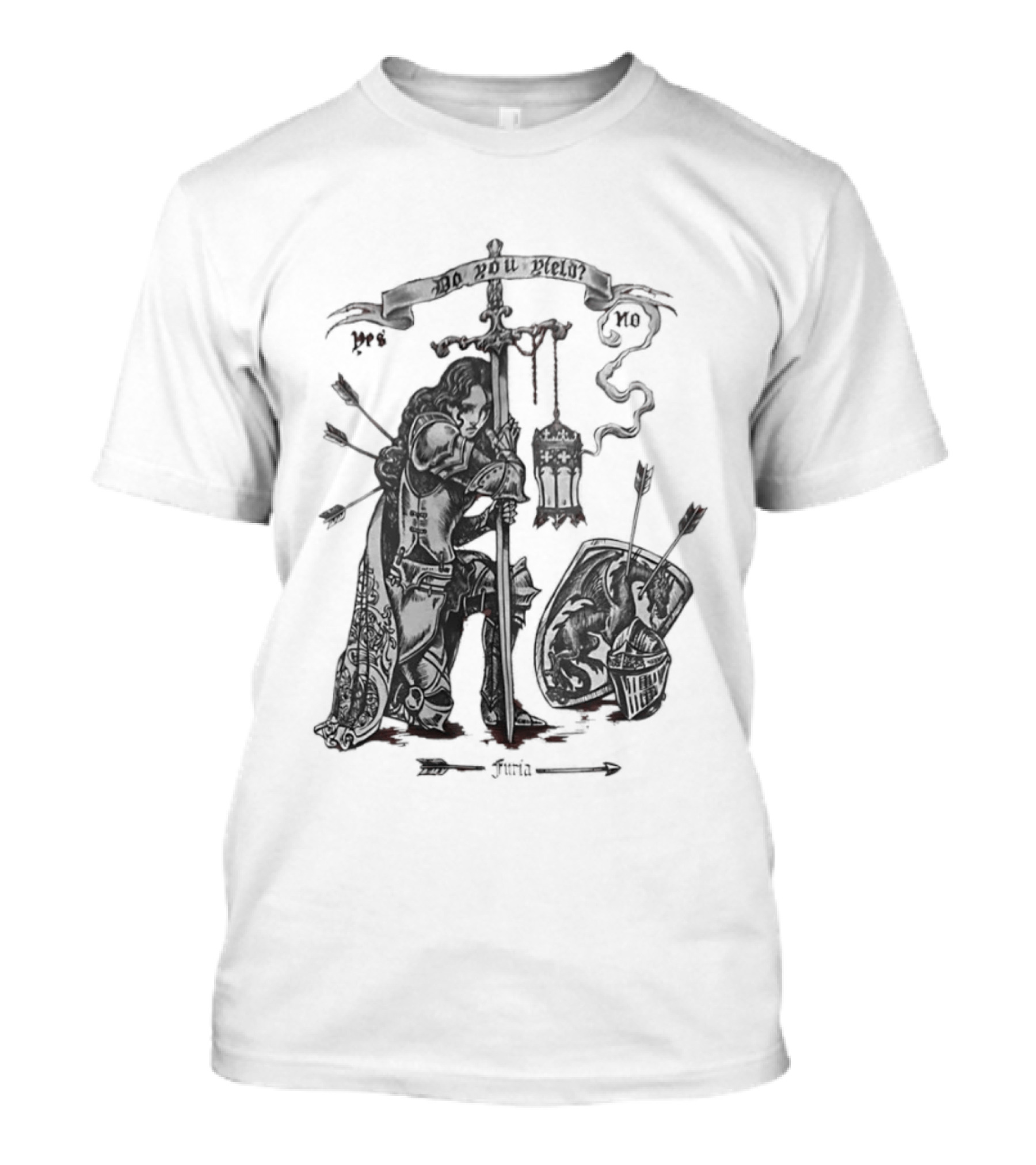 Knight Sword Shield Arrows Lantern Helmet Furia Do You Yield Yes No T-Shirt