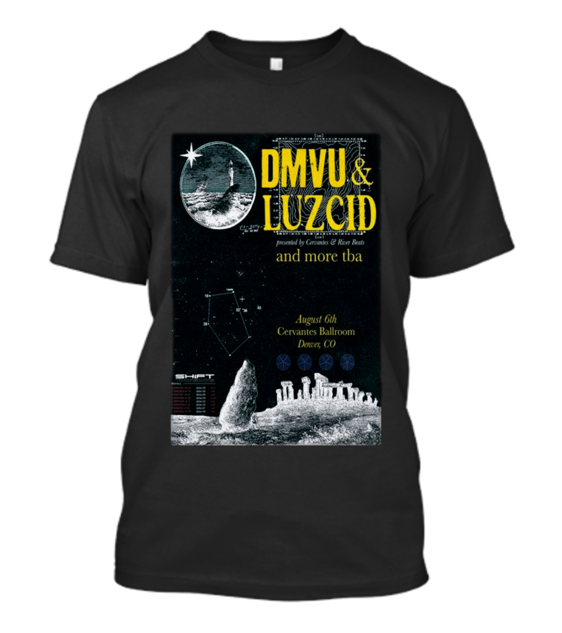 DMVU LUZCID August 6th Cervantes Ballroom Denver CO Lunar Lighthouse Constellation T-Shirt