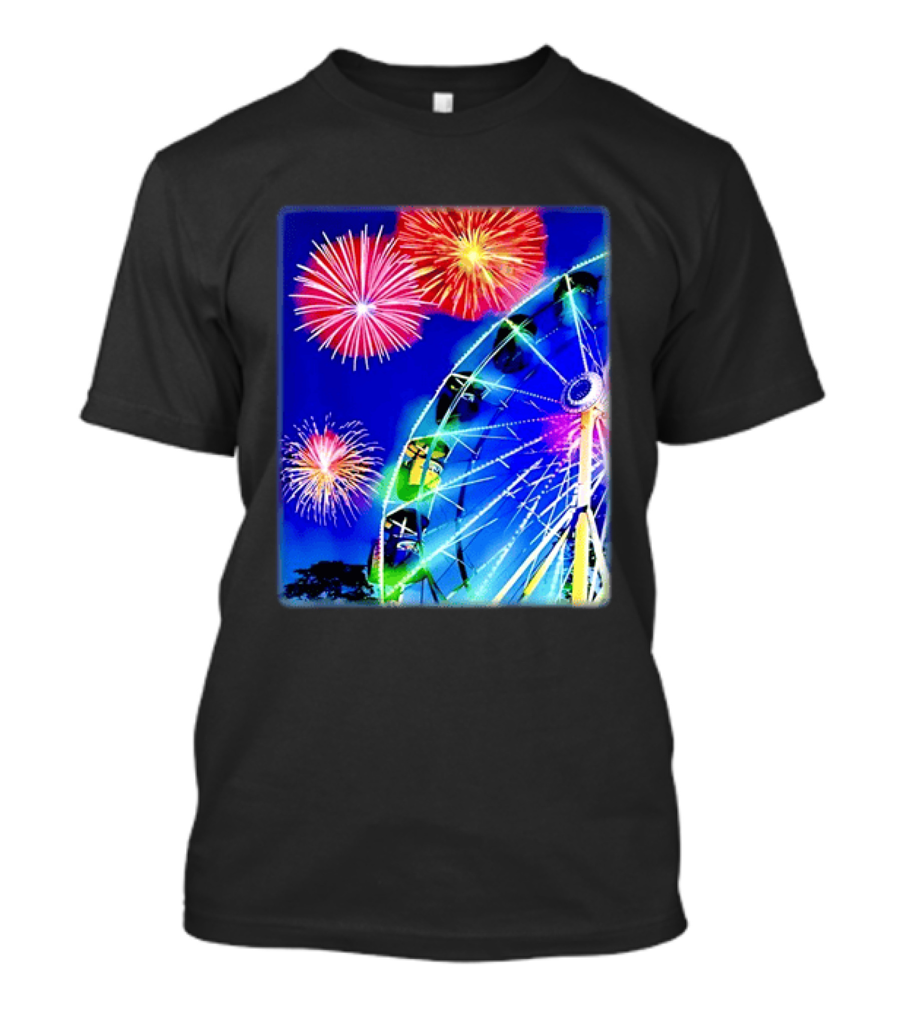 Ferris Wheel Fireworks Night Display Blue Sky T-Shirt