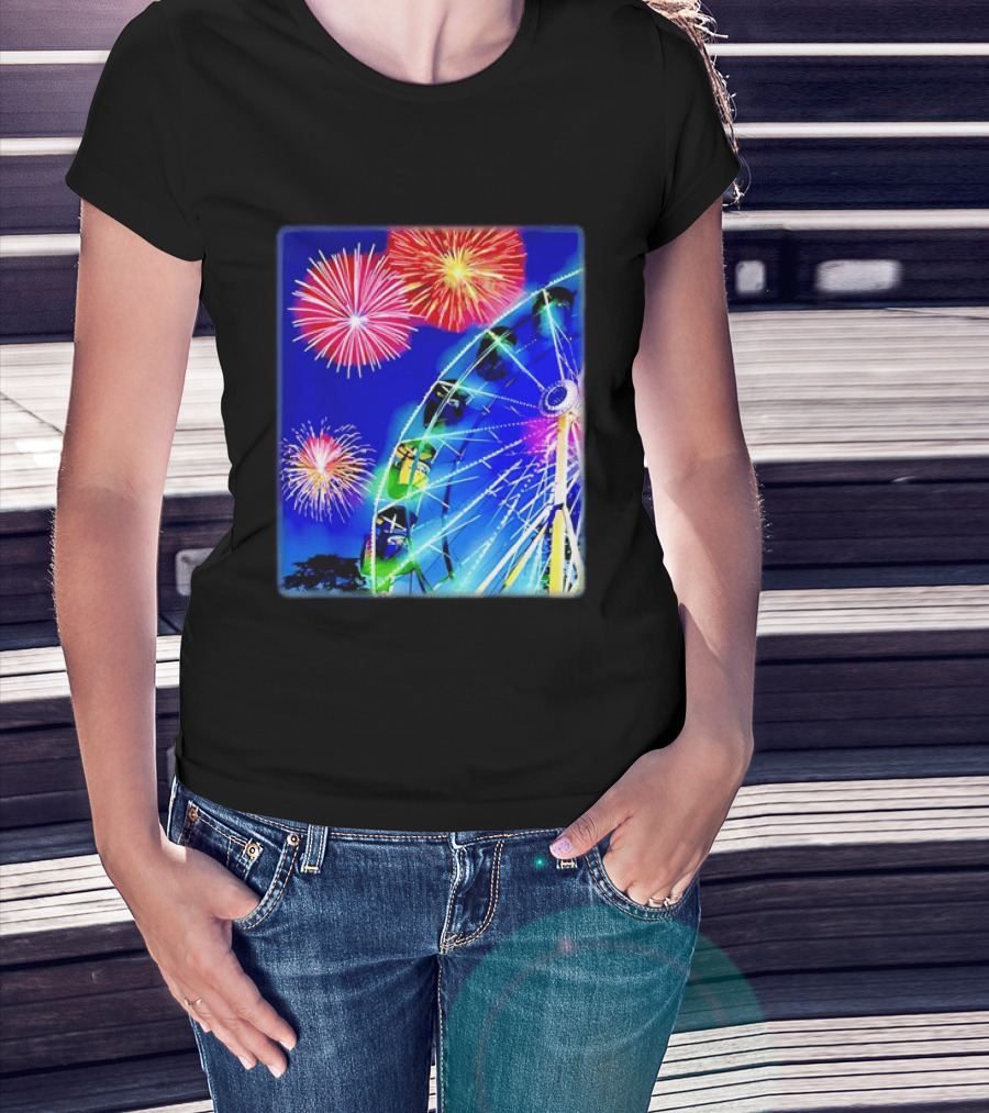 Ferris Wheel Fireworks Night Display Blue Sky T-Shirt