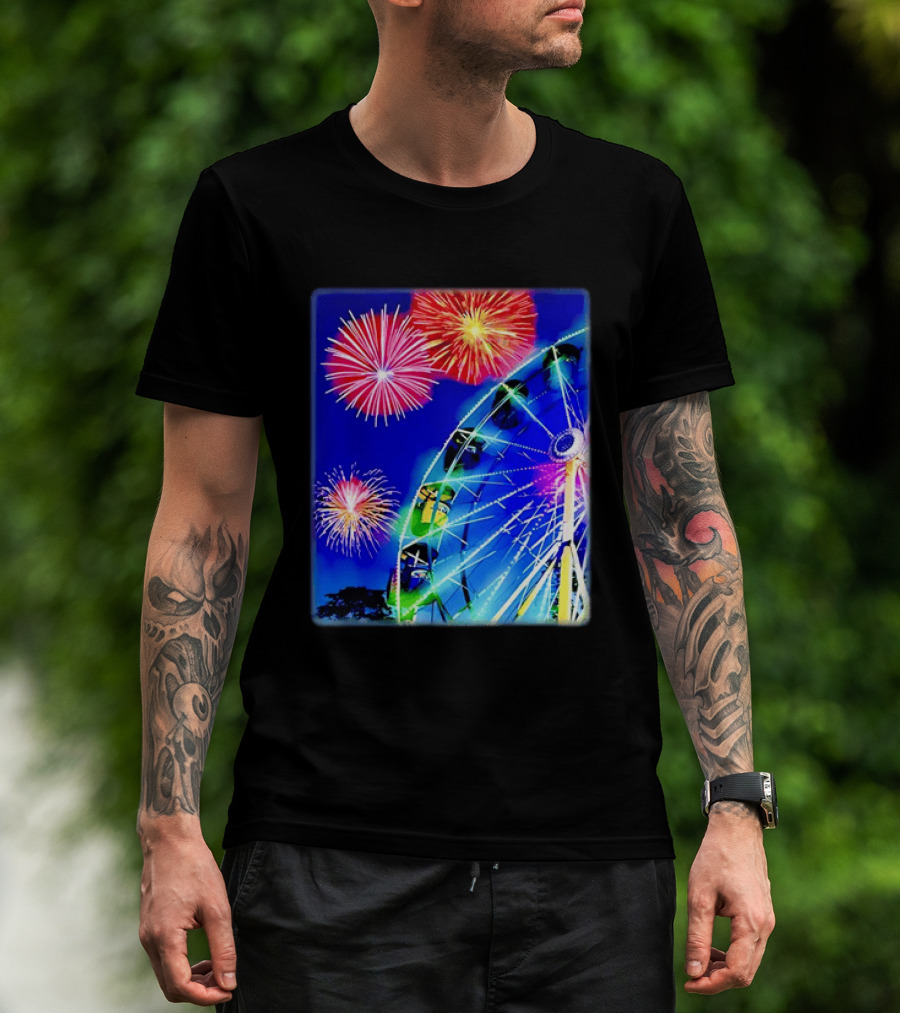 Ferris Wheel Fireworks Night Display Blue Sky T-Shirt