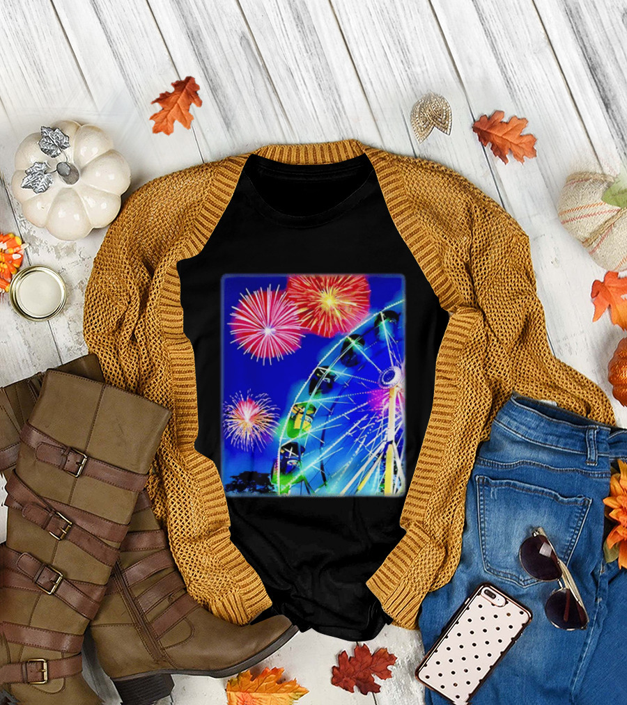 Ferris Wheel Fireworks Night Display Blue Sky T-Shirt