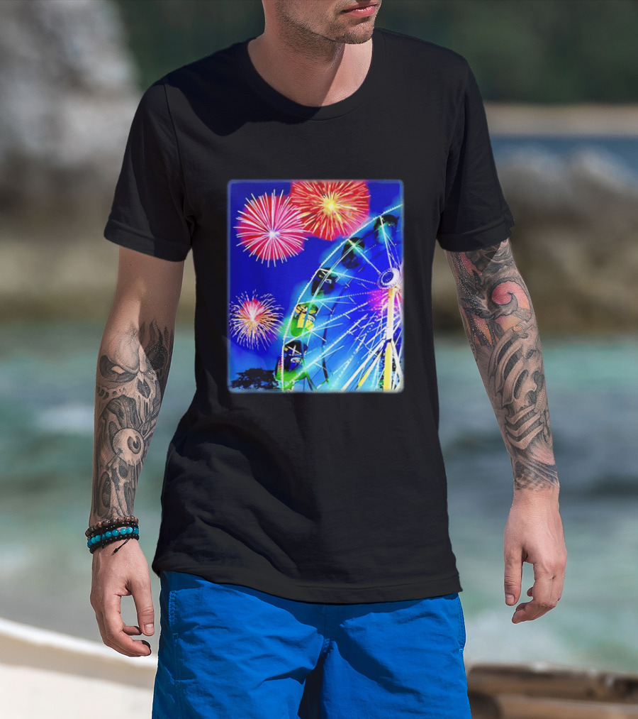 Ferris Wheel Fireworks Night Display Blue Sky T-Shirt