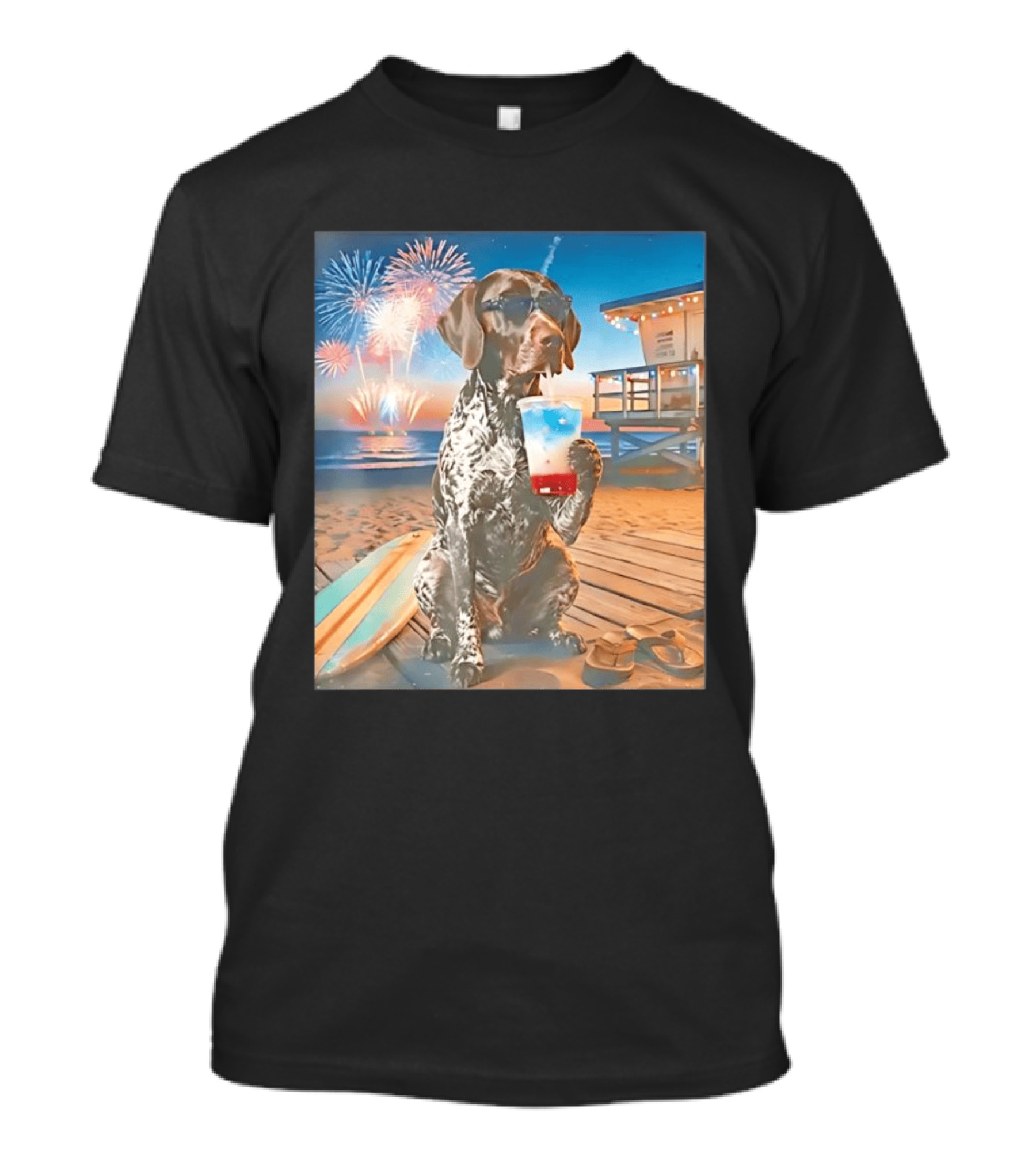 German Shorthaired Pointer Fourth Of July Fireworks Beach Party Surfboard Scene T-Shirt