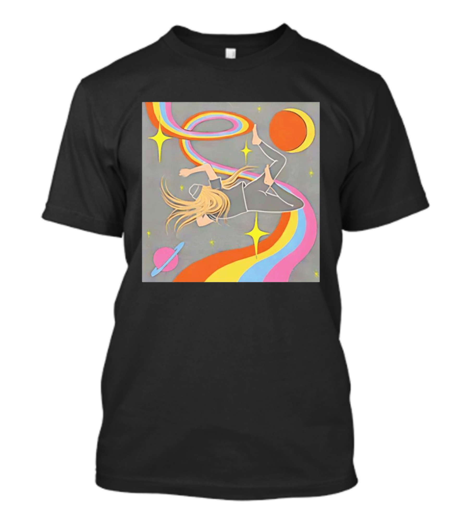 Rainbow Swirl Stars Crescent Moon Planet Orbit Cosmos Night Galaxy T-Shirt